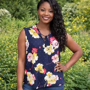 Old Navy Blue Floral Sleeveless Tassel-Tie Top Women's Large Cottagecore